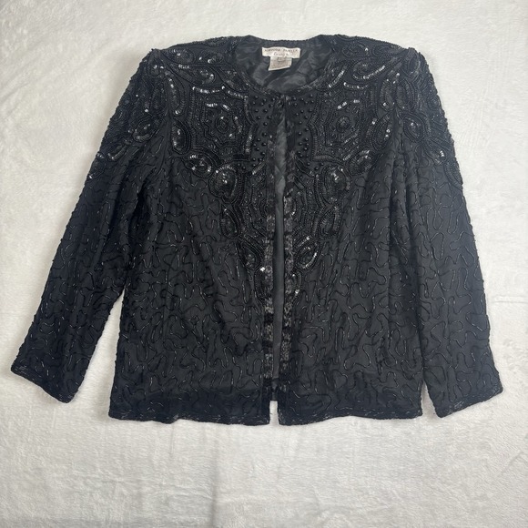 VTG Adrianna Papell Evening Silk Blakc Long Sleeve Blazer Jacket Women's Large - Picture 1 of 8